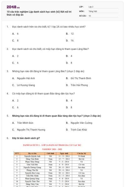 10 câu trắc nghiệm Lập danh sách học sinh (tổ) Kết nối tri thức có đáp án