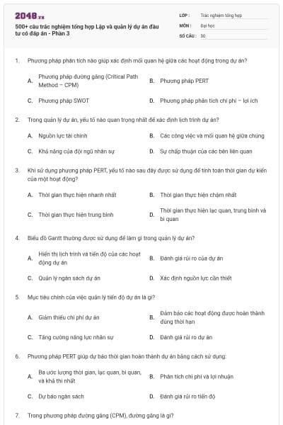 500+ câu trắc nghiệm tổng hợp Lập và quản lý dự án đầu tư có đáp án - Phần 3
