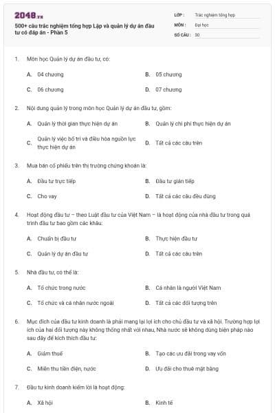 500+ câu trắc nghiệm tổng hợp Lập và quản lý dự án đầu tư có đáp án - Phần 5