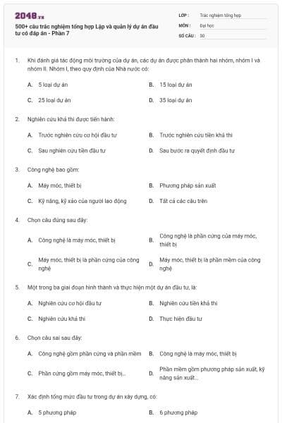 500+ câu trắc nghiệm tổng hợp Lập và quản lý dự án đầu tư có đáp án - Phần 7