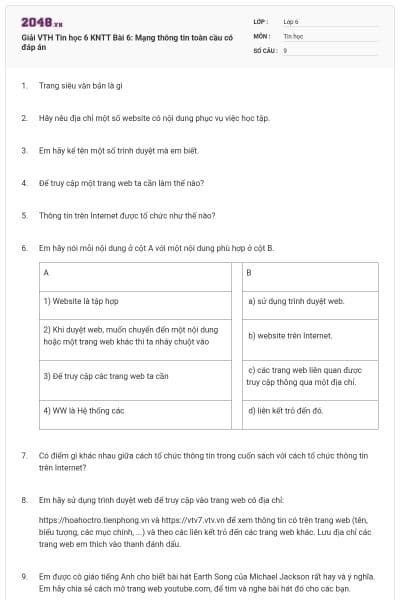 Giải VTH Tin học 6 KNTT Bài 6: Mạng thông tin toàn cầu có đáp án