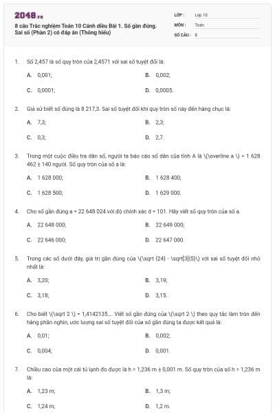 8 câu Trắc nghiệm Toán 10 Cánh diều Bài 1. Số gần đúng. Sai số (Phần 2) có đáp án (Thông hiểu)