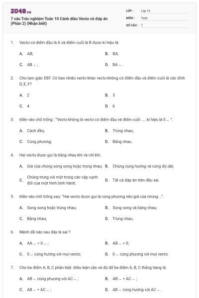 7 câu Trắc nghiệm Toán 10 Cánh diều Vectơ có đáp án (Phần 2) (Nhận biết)