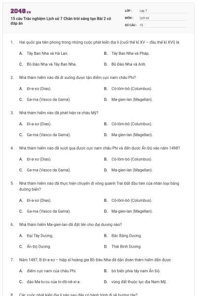 15 câu Trắc nghiệm Lịch sử 7 Chân trời sáng tạo Bài 2 có đáp án