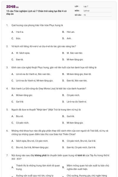 15 câu Trắc nghiệm Lịch sử 7 Chân trời sáng tạo Bài 4 có đáp án