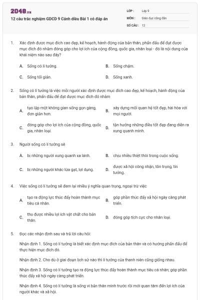 12 câu trắc nghiệm GDCD 9 Cánh diều Bài 1 có đáp án