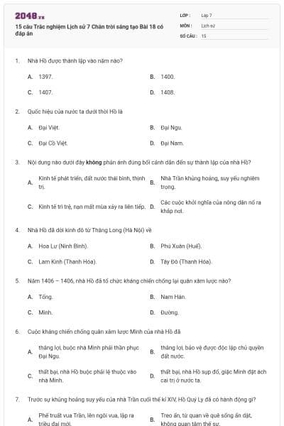 15 câu Trắc nghiệm Lịch sử 7 Chân trời sáng tạo Bài 18 có đáp án