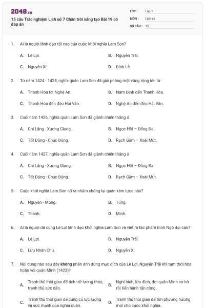 15 câu Trắc nghiệm Lịch sử 7 Chân trời sáng tạo Bài 19 có đáp án