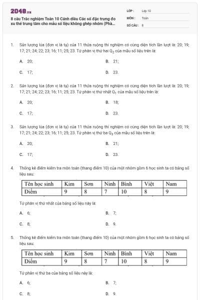 8 câu Trắc nghiệm Toán 10 Cánh diều Các số đặc trưng đo xu thế trung tâm cho mẫu số liệu không ghép nhóm (Phần 2) có đáp án (Thông hiểu)