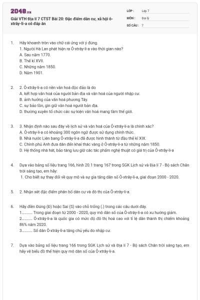 Giải VTH Địa lí 7 CTST Bài 20: Đặc điểm dân cư, xã hội ô-xtrây-li-a có đáp án