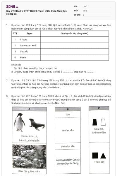 Giải VTH Địa lí 7 CTST Bài 23: Thiên nhiên Châu Nam Cực có đáp án