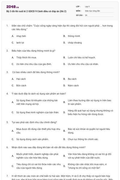Bộ 3 đề thi cuối kì 2 GDCD 9 Cánh diều có đáp án (Đề 2)