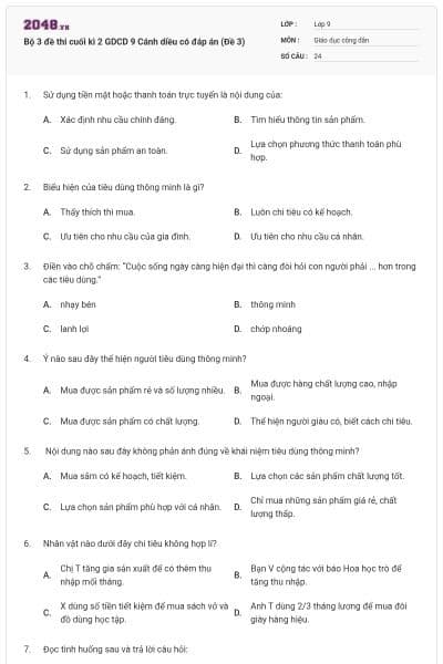 Bộ 3 đề thi cuối kì 2 GDCD 9 Cánh diều có đáp án (Đề 3)