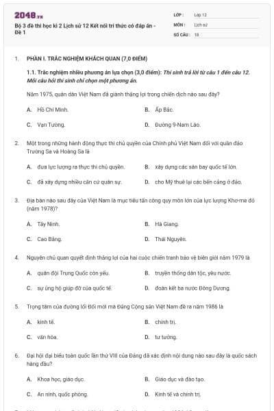 Bộ 3 đề thi học kì 2 Lịch sử 12 Kết nối tri thức có đáp án - Đề 1