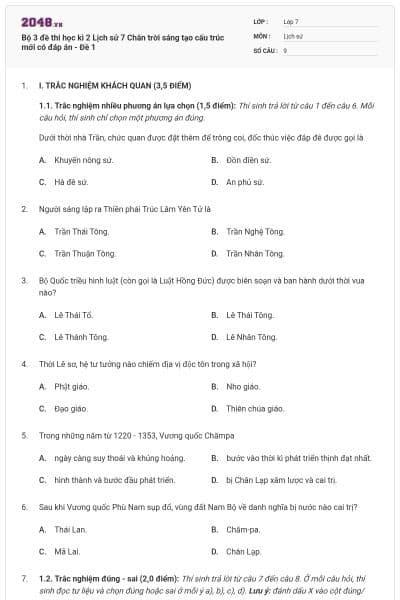 Bộ 3 đề thi học kì 2 Lịch sử 7 Chân trời sáng tạo cấu trúc mới có đáp án - Đề 1