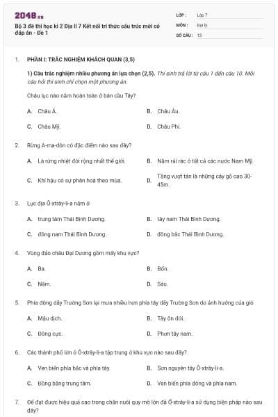 Bộ 3 đề thi học kì 2 Địa lí 7 Kết nối tri thức cấu trúc mới có đáp án - Đề 1