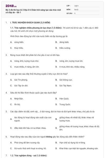 Bộ 3 đề thi học kì 2 Địa lí 6 Chân trời sáng tạo cấu trúc mới có đáp án - Đề 1