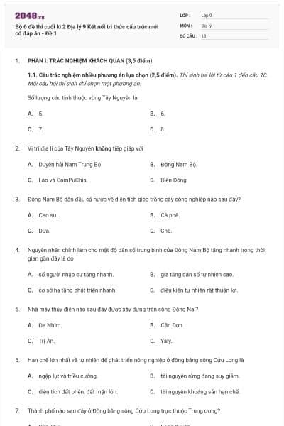 Bộ 6 đề thi cuối kì 2 Địa lý 9 Kết nối tri thức cấu trúc mới có đáp án - Đề 1