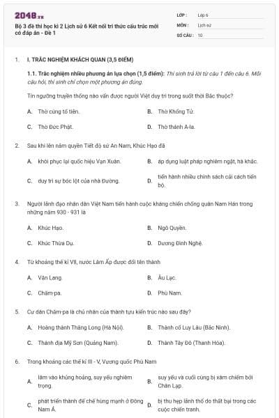 Bộ 3 đề thi học kì 2 Lịch sử 6 Kết nối tri thức cấu trúc mới có đáp án - Đề 1