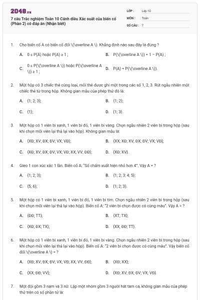 7 câu Trắc nghiệm Toán 10 Cánh diều Xác suất của biến cố (Phần 2) có đáp án (Nhận biết)