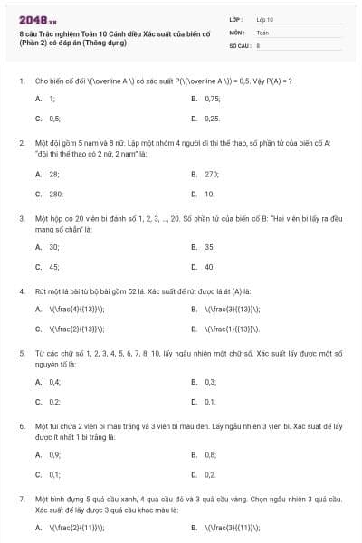 8 câu Trắc nghiệm Toán 10 Cánh diều Xác suất của biến cố (Phần 2) có đáp án (Thông dụng)