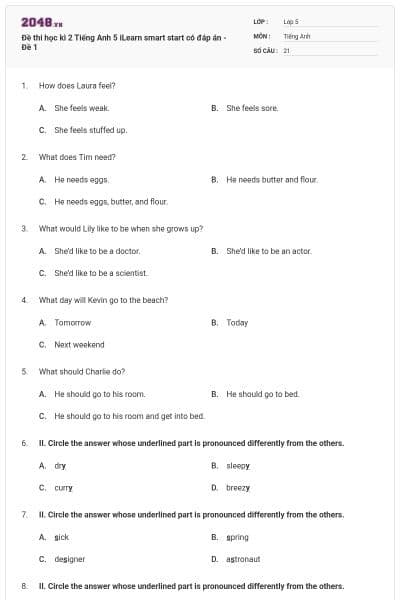 Đề thi học kì 2 Tiếng Anh 5 iLearn smart start có đáp án - Đề 1