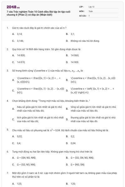 7 câu Trắc nghiệm Toán 10 Cánh diều Bài tập ôn tập cuối chương 6 (Phần 2) có đáp án (Nhận biết)
