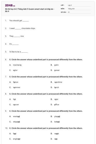 Đề thi học kì 2 Tiếng Anh 5 iLearn smart start có đáp án - Đề 4
