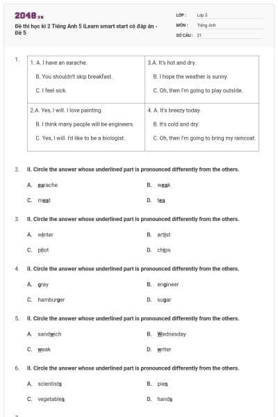 Đề thi học kì 2 Tiếng Anh 5 iLearn smart start có đáp án - Đề 5