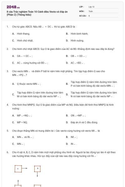 8 câu Trắc nghiệm Toán 10 Cánh diều Vectơ có đáp án (Phần 2) (Thông hiểu)