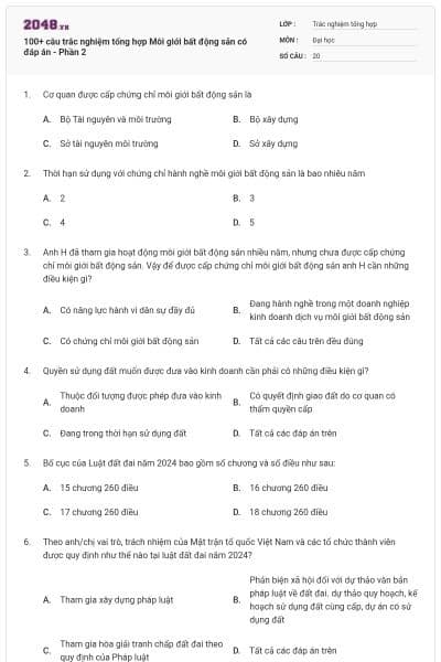 100+ câu trắc nghiệm tổng hợp Môi giới bất động sản có đáp án - Phần 2