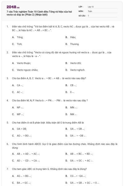 7 câu Trắc nghiệm Toán 10 Cánh diều Tổng và hiệu của hai vectơ có đáp án (Phần 2) (Nhận biết)