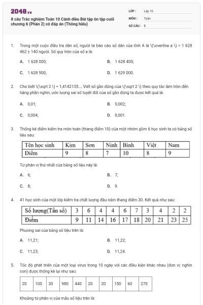 8 câu Trắc nghiệm Toán 10 Cánh diều Bài tập ôn tập cuối chương 6 (Phần 2) có đáp án (Thông hiểu)