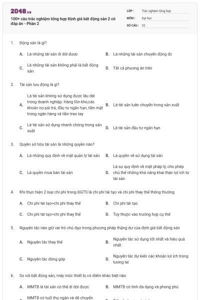 100+ câu trắc nghiệm tổng hợp Định giá bất động sản 2 có đáp án - Phần 2