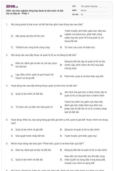 500+ câu trắc nghiệm tổng hợp Quản lý nhà nước về đất đai có đáp án - Phần 1