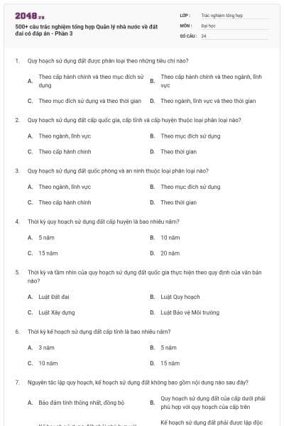 500+ câu trắc nghiệm tổng hợp Quản lý nhà nước về đất đai có đáp án - Phần 3