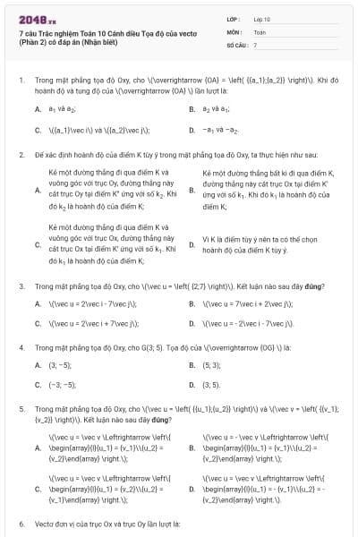 7 câu Trắc nghiệm Toán 10 Cánh diều Tọa độ của vectơ (Phần 2) có đáp án (Nhận biết)