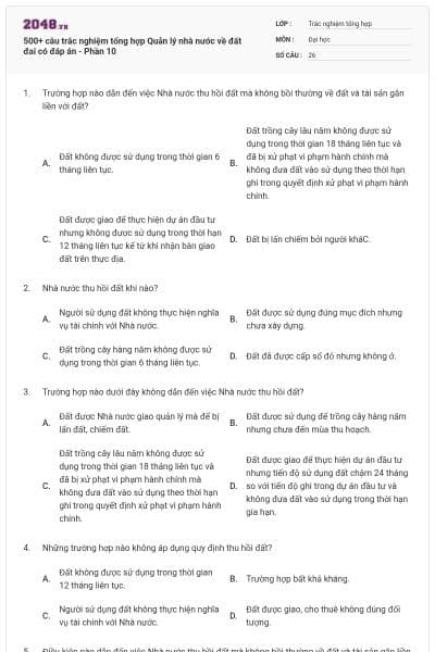 500+ câu trắc nghiệm tổng hợp Quản lý nhà nước về đất đai có đáp án - Phần 10