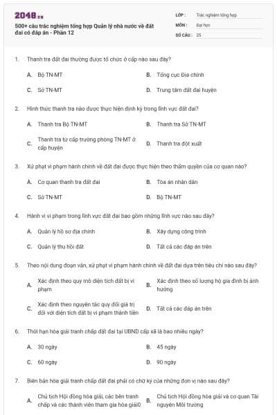 500+ câu trắc nghiệm tổng hợp Quản lý nhà nước về đất đai có đáp án - Phần 12