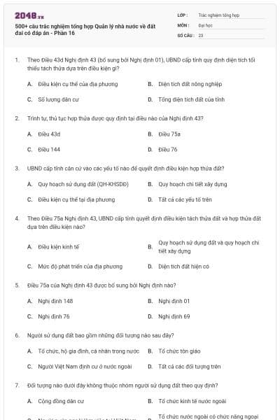 500+ câu trắc nghiệm tổng hợp Quản lý nhà nước về đất đai có đáp án - Phần 16