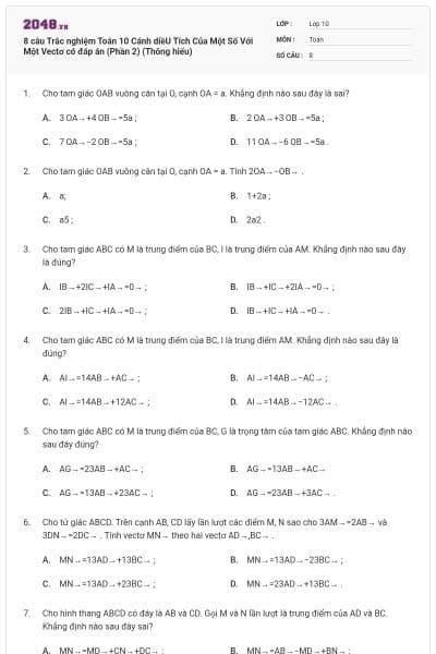 8 câu Trắc nghiệm Toán 10 Cánh diềU Tích Của Một Số Với Một Vectơ có đáp án (Phần 2) (Thông hiểu)