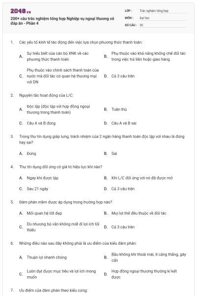 200+ câu trắc nghiệm tổng hợp Nghiệp vụ ngoại thương có đáp án - Phần 4