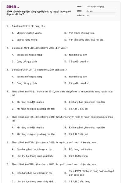 200+ câu trắc nghiệm tổng hợp Nghiệp vụ ngoại thương có đáp án - Phần 7