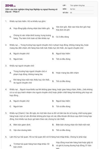 200+ câu trắc nghiệm tổng hợp Nghiệp vụ ngoại thương có đáp án - Phần 9