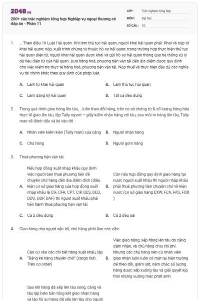 200+ câu trắc nghiệm tổng hợp Nghiệp vụ ngoại thương có đáp án - Phần 11