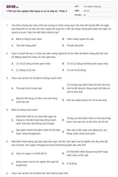1730 câu trắc nghiệm Nội ngoại cơ sở có đáp án - Phần 3
