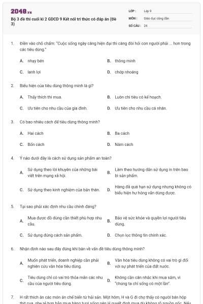 Bộ 3 đề thi cuối kì 2 GDCD 9 Kết nối tri thức có đáp án (Đề 3)