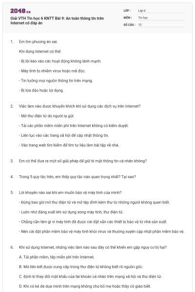 Giải VTH Tin học 6 KNTT Bài 9: An toàn thông tin trên Internet có đáp án