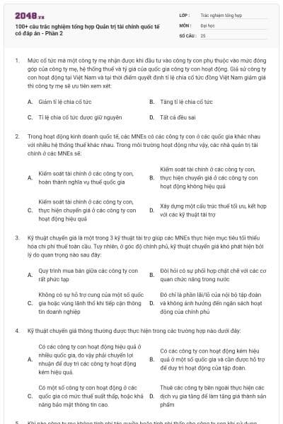 100+ câu trắc nghiệm tổng hợp Quản trị tài chính quốc tế có đáp án - Phần 2