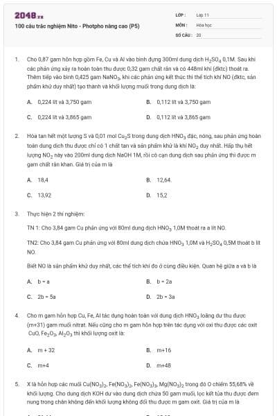 100 câu trắc nghiệm Nito - Photpho nâng cao (P5)